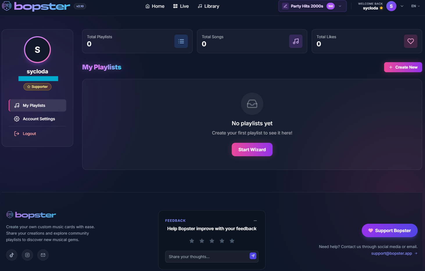 Bopster account dashboard and playlist library